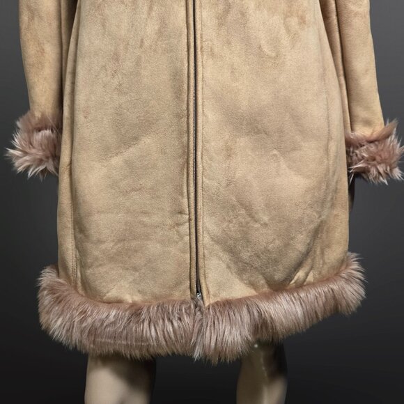 Vintage 90s Penny Lane Coat Beige Faux Fur Faux Suede Size L Knee Length Boho - Picture 4 of 12